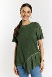 Bavlněné dámské tričko Monnari prolamovanými volánky Bottle Green