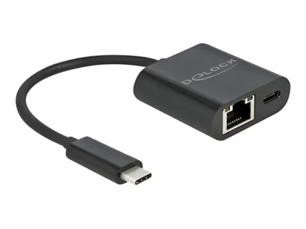 DeLock USB-C adaptér Gigabit LAN černá / Adaptér / 10/100/1000 Mbps / USB PD 60W (66644)