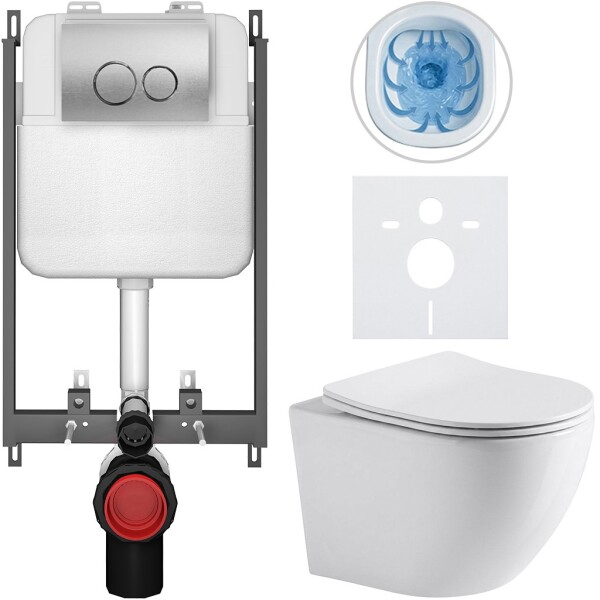 CERANO Kompletní WC set Basic/Cesso - bílá lesklá - WC tlačítko Dualo/Stříbrná - pro zazdění - 49x36 cm - 8050BD85936
