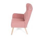 Křeslo, potah růžová manšestrová látka, dřevěné nohy, masiv kaučukovník