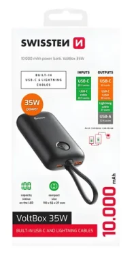 Swissten Voltbox černá / Powerbanka / 10 000 mAh / 35 W / USB-C + Lightning