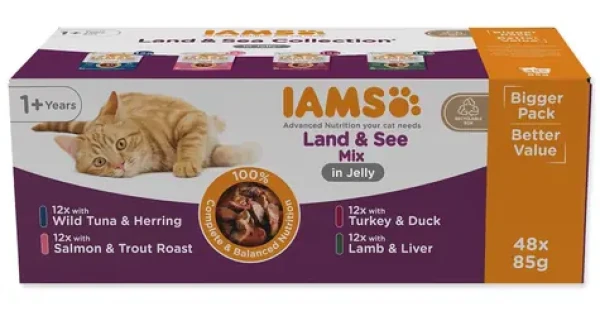 IAMS Delights Adult mořské a suchozemské maso v želé / Kapsičky pro kočky / Multipack 48× 85 g (173-150168)