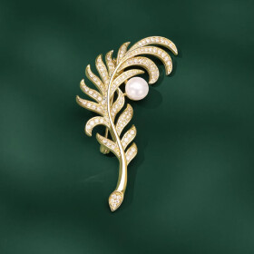 Luxusní brož Zlaté pírko s perlou a třpytivými zirkony, Zlatá