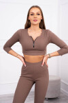 Žebrovaný crop top set mocca UNI