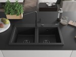 MEXEN/S - Hektor granitový dřez 2-bowl 800 x 480 mm, černá/stříbrná metalik, černý sifon 6521802000-73-B