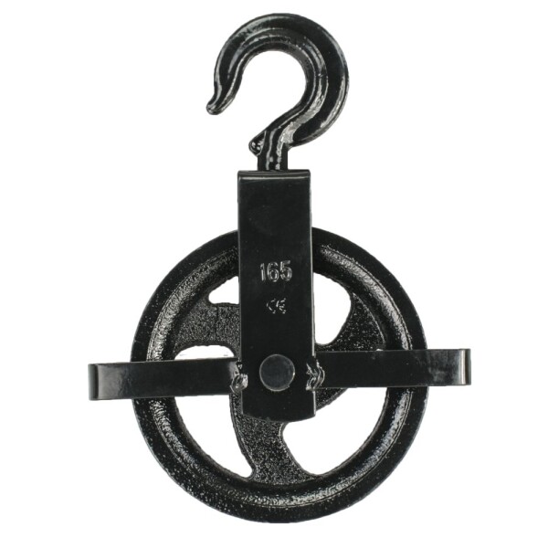 Kladka stavební litinová, 165mm, s hákem a vodicí lištou