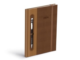 Týdenní diář 2026 MFP T805 A5, s gumičkou a prostorem na propisku - PU dark brown/beige