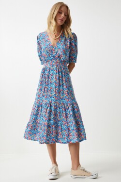 Happiness İstanbul Women's Pink Blue Wrap Collar Floral Summer Viscose Dress