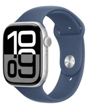 Apple Watch Series 10 GPS+Cellular 46mm Stříbrné hliníkové tělo - Denimový sportovní řemínek (M/L) / 160–210 mm (MWY13)