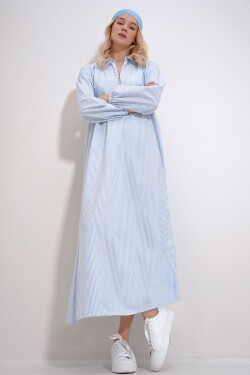 Trend Alaçatı Stili Women's Blue Shirt Collar Zippered Front Striped Woven Maxi Dress