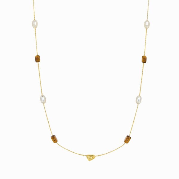 Dlouhý náhrdelník se sladkovodními perlami a tygřím okem, Hnědá Bílá 82 cm
