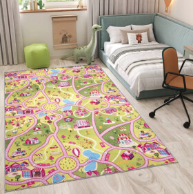 DumDekorace Dětský koberec FLANNEL - růžová autodráha Šířka: 80 cm | Délka: 150 cm