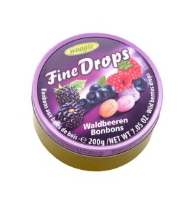 Woogie Fine Drops Bonbónky s příchutí lesní ovoce v plechové dóze 200g