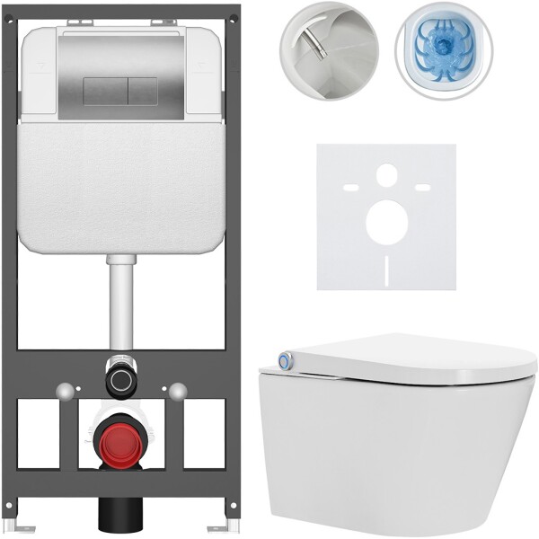 CERANO Závěsné WC s bidetem Basic/Cronus Standard - bílá lesklá - WC tlačítko Modulo/Stříbrná - závěsné - předstěnová instalace - 59,3x38,4 cm