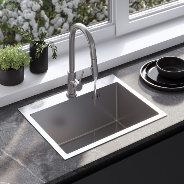REA - Ocelový dřez Liam BRUSH NICKEL s kuchyňskou baterií KPL-96006