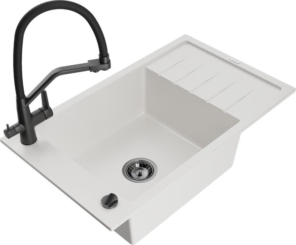 MEXEN - Elias granitový dřez s odkapávačem včetně baterie Duo, bílá 6511-20-671701-70-B