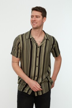 Trendyol Khaki Pánská Pravidelně Padnoucí Pruhovaná Prošívaná Límcová Volná Viskózová Košile