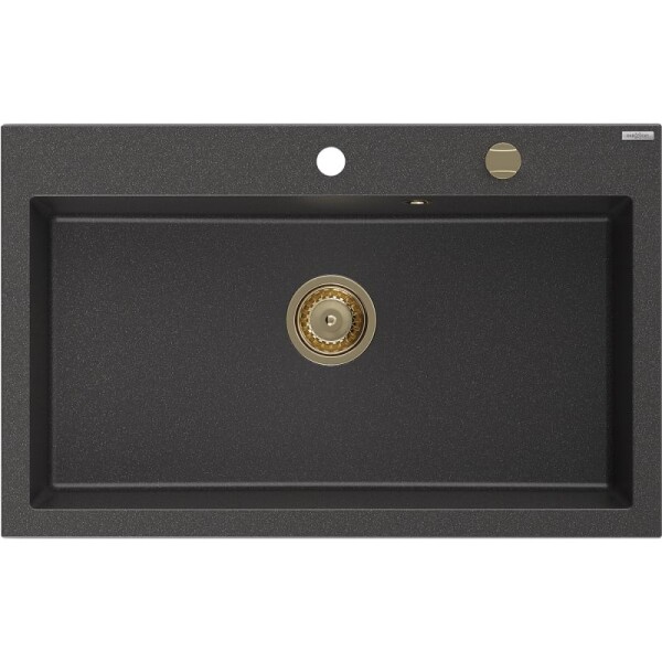 MEXEN/S - Elix granitový dřez 1-miska 800 x 500 mm, černá kropenatá, sifon zlatá 6527801005-76-G