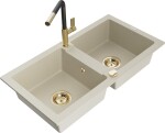 MEXEN/S - Mario granitový dřez 2-bowl včetně baterie Flora, béžová 6504-69-670401-57-G