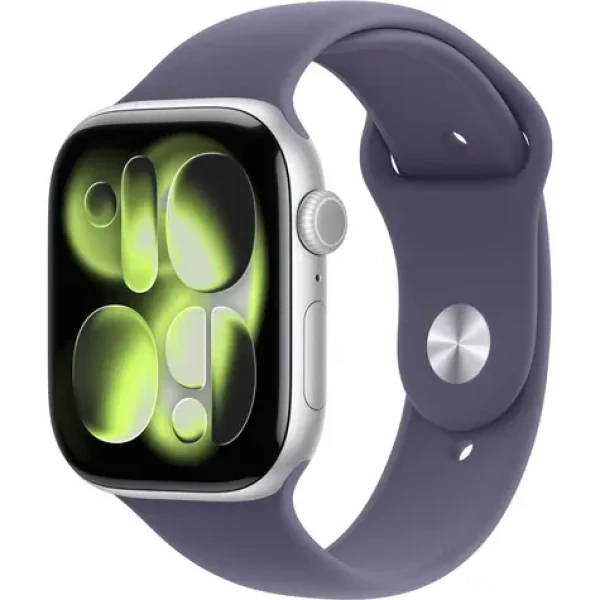 Apple Watch Series 11 GPS 46mm Stříbrné hliníkové tělo - Mlžně fialový sportovní řemínek M/L / 160–210 mm (MEVA4MP/A)