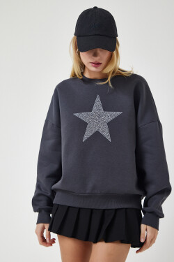 Happiness İstanbul Women's Anthracite Star Embroidered Raised Knitted Sweatshirt