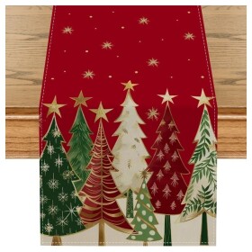 DumDekorace Vánoční lněný běhoun s potiskem - 180 x 33 cm červený stromeček