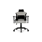 Herní křeslo, stříbrná látka, houpací mechanismus, polohování opěradla 90°-180°, 3D područky, polštáře z paměťové pěny,