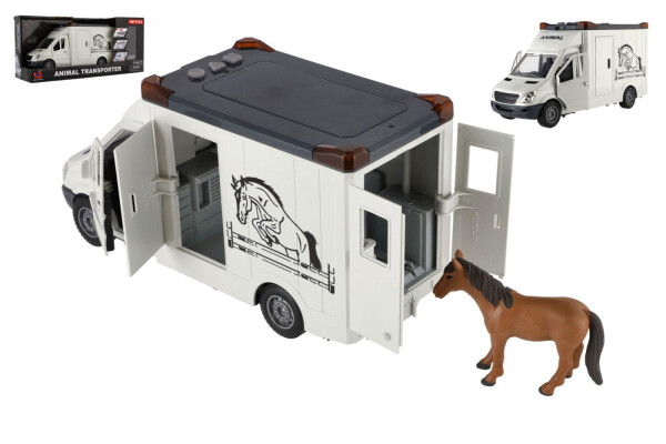 Auto přepravník zvířat plast 28cm s koněm na setrvačník se světlem se zvukem šedé v krabici 39x18cm
