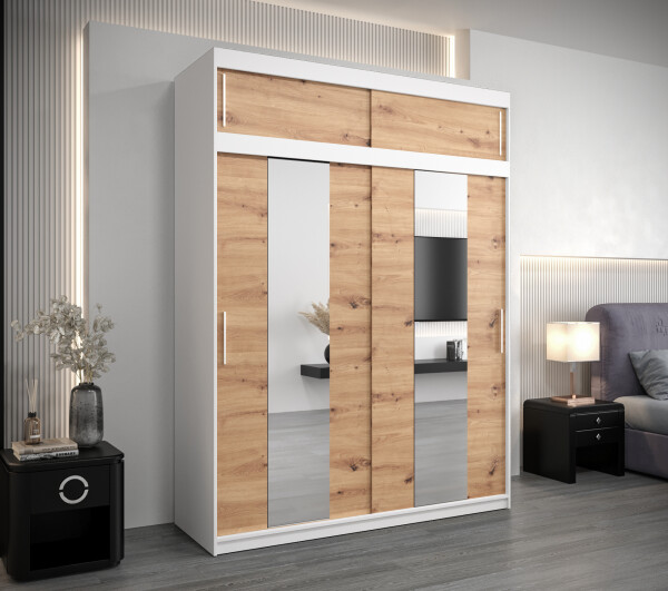 Šatní skříň Abi Po s nástavcem Barva korpusu: Bílá, Rozměry: 200 cm, Dveře: Dub artisan