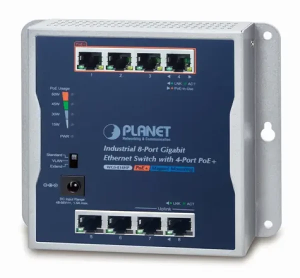 PLANET Průmyslový PoE switch / Switch průmyslový / 8x 1Gb RJ45 / 4x PoE 30/60W / 48-56V / IP30 / -20/60 °C (WGS-814HP)