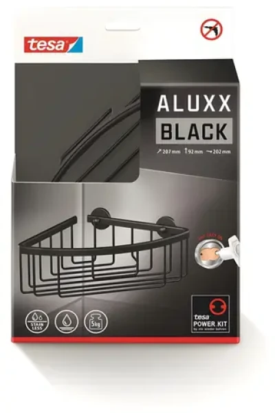 Tesa ALUXX rohový sprchový košík černý / Sprchový košík / hliník / bez vrtání / 207 × 92 × 202 mm (40505-00000-00)