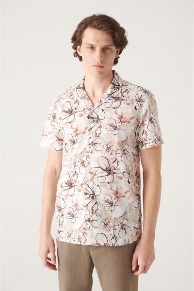 Avva Men's Beige Floral Printed Short Sleeve Cotton Shirt