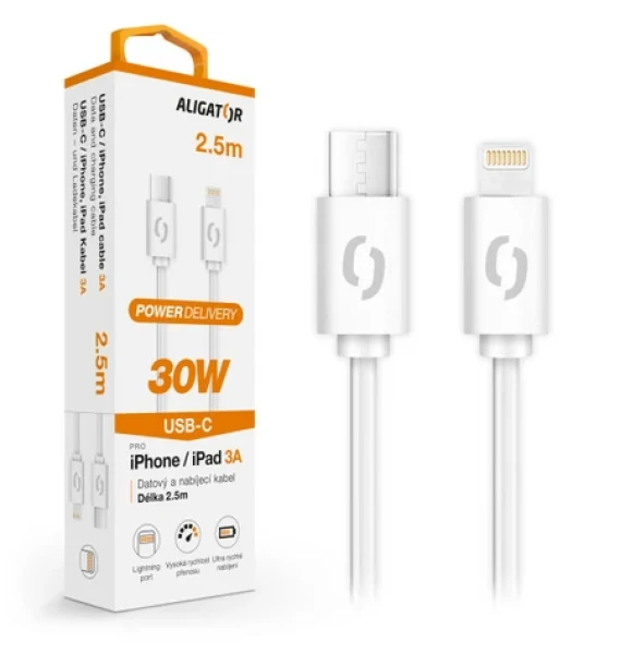 Aligator Datový kabel POWER 30W / USB-C/Lightning 3A / 2 / 5m bílý (DATKP61)