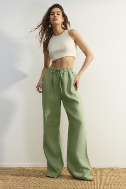 Trendyol Green 100% lněné kalhoty vysokým pasem širokými nohavicemi elastickým pasem
