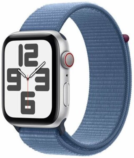 Apple Watch SE (2023) GPS+Cellular 44mm Stříbrné hliníkové tělo - Ledově modrý provlékací řemínek (MRHM3)