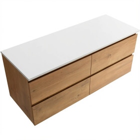 CERANO - Koupelnová skříňka Carole - dub medový + deska pod umyvadlo z lit. mramoru Elanys - 12 mm - bílá matná - 140x49,2x46 CER-8050BD85520
