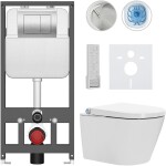 CERANO Závěsné WC s bidetem Basic/Cronus Premium - bílá lesklá - WC tlačítko Maxio/Stříbrná - závěsné - předstěnová instalace - 59,3x38,4 cm
