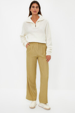 Trendyol světle khaki široké plisované tkané kalhoty