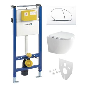 Mereo WC set - Rimless WC oblé, modul pro sádrokarton, bílé oválné tlačítko MM02NSETRS210