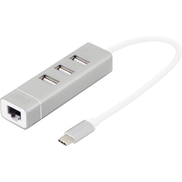 Digitus DA-70253 3 + 1 port USB 2.0 hub s konektorem USB C, s hliníkovým krytem, se zabudovaným převodníkem, kovový ukazatel hliník