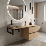 CERANO - Koupelnová skříňka Velora - dub medový, úchytka černá + deska pod umyvadlo Navira Slim - 18 mm + konzole černá - 140x54,8x46,5 CER-668084