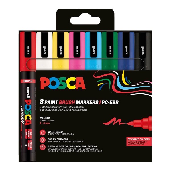 Uni POSCA PC-5BR sada 8 základních barev, štětcový hrot 1–4 mm