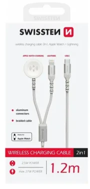 SWISSTEN Magnetický kabel pro Apple Watch a Lightning 1.2m bílá / USB-C / 2v1 / 60W / opletený (22065503)