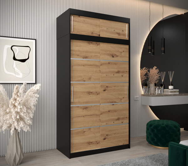 Šatní skříň Abi V1 s nástavcem Barva korpusu: Černá, Rozměry: 120 cm, Dveře: Dub artisan