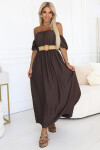 614-1 Maxi šaty v boho stylu s odhalenými rameny a páskem - CHOCOLATE UNI