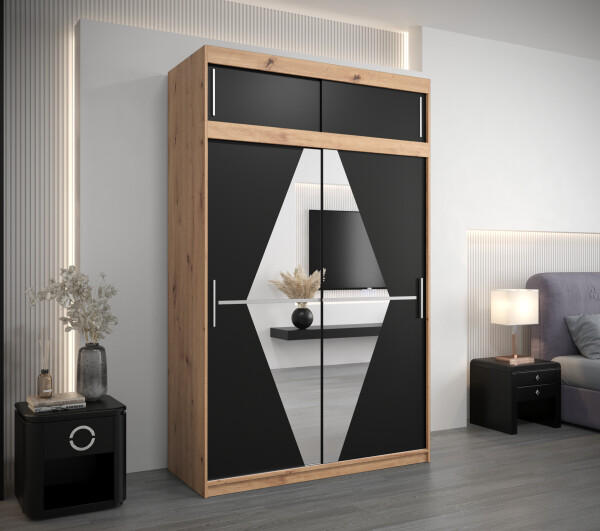 Šatní skříň Abi Bo s nástavcem Barva korpusu: Dub artisan, Rozměry: 150 cm, Dveře: Černá