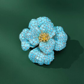 Luxusní brož ve tvaru květu s tyrkysovými zirkony, Tyrkysová