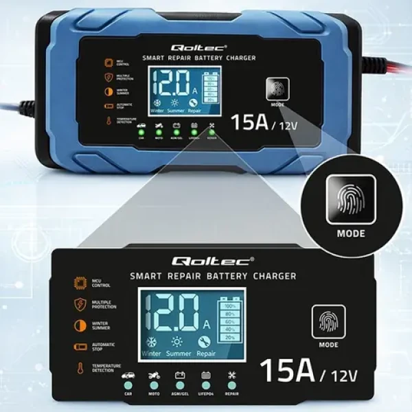 Qoltec Nabíječka autobaterií 12V 15A / Nabíječka / AGM/GEL/LiFePO4 / 9-stupňové nabíjení / funkce obnovy baterie (52666)