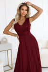 637-1 Večerní dlouhé šaty s brokátovým akcentem a hlubokým výstřihem - bordó UNI
