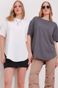 Trend Alaçatı Stili Women's White Anthracite Crew Neck 2-Pack Oval Cut Modal T-Shirt